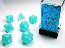 Frosted teal and white polyhedral 7-die set by Chessex displayed in a clear box. The set includes various shaped dice like d4, d6, d8, d10, d12, and d20, all featuring white numbers on a frosted teal background.