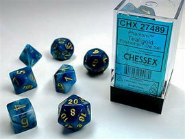 A set of Chessex Phantom teal and gold polyhedral dice, featuring a variety of shapes including d20, d12, d10, d8, d6, and d4. The dice are encased in a clear box with a blue label displaying the product information.