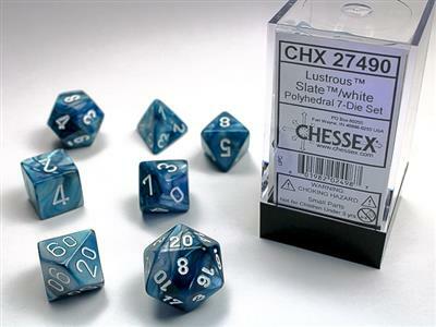 Lustrous slate/white polyhedral dice