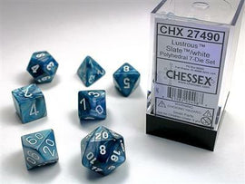 A set of Lustrous slate and white polyhedral dice from Chessex, displayed in a clear packaging. The seven-die set features various shapes, including d4, d6, d8, d10, d12, and d20, all showcasing a stunning slate color with white numbering for easy readability. Perfect for tabletop role-playing games.