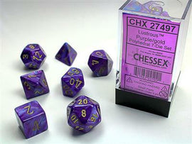 A set of lustrous purple and gold polyhedral dice arranged beside a transparent container. The seven-die set features various shapes, including a d20 and d12, showcasing a shiny purple finish with gold numbering. Made by Chessex, this vibrant dice set is perfect for tabletop gaming enthusiasts.