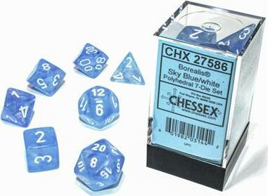A set of Borealis Sky blue and white polyhedral dice by Chessex, displayed in a clear box. The set includes seven dice in various shapes such as a d20, d12, d10, d8, d6, and d4. Each die features bright white numbers on a translucent blue background, ideal for tabletop games and RPGs.