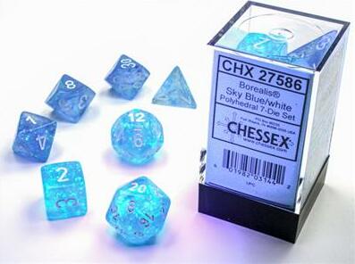 A set of Borealis Sky blu/wht Lumin Polyhedral dice from Chessex, featuring eight translucent blue and white dice in various shapes, including a d20, d12, and d4. The dice are displayed in an elegant clear package, showcasing their shimmering appearance, ideal for tabletop gaming.