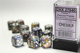 A collection of Festive Carousel 16mm d6 dice by Chessex, featuring a variety of vibrant colors with white pips. The dice are shown alongside their packaging, highlighting their unique patterns and joyful design, perfect for enhancing your gaming experience.
