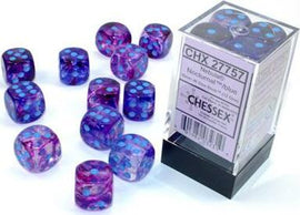 A set of Chessex Nebula Noctern/blu Lumin 12 D6 dice displayed in a clear box. The dice feature a striking blend of purple and blue colors with blue spots, perfect for tabletop games and adding flair to your gaming experience.
