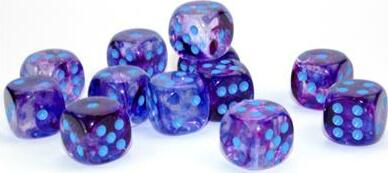 A collection of twelve vibrant, translucent polyhedral dice in shades of deep blue and purple, featuring blue dots as pips. They create a cosmic, nebula-like effect, perfect for enhancing any tabletop gaming experience.