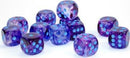 A collection of twelve vibrant, translucent polyhedral dice in shades of deep blue and purple, featuring blue dots as pips. They create a cosmic, nebula-like effect, perfect for enhancing any tabletop gaming experience.