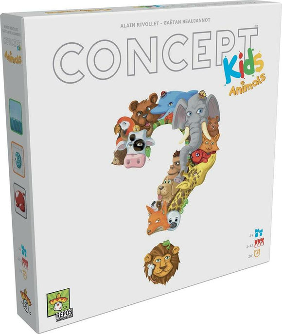 Concept Kids: Animals game box featuring colorful illustrations of various animals including a lion, elephant, fox, and more, all arranged around a question mark. Ideal for family fun, fostering creativity and learning through gameplay.