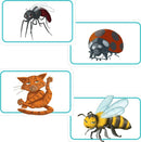 An illustration of various animals designed for children, including a mosquito with red wings, a ladybug with orange and black spots, an annoyed orange cat, and a striped bee with a yellow face and black body. Each animal is depicted in a fun, cartoonish style, ideal for engaging kids in learning about animals.