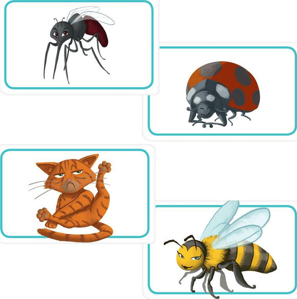 An illustration of various animals designed for children, including a mosquito with red wings, a ladybug with orange and black spots, an annoyed orange cat, and a striped bee with a yellow face and black body. Each animal is depicted in a fun, cartoonish style, ideal for engaging kids in learning about animals.