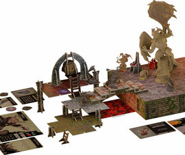 Descent Legends of the Dark: The Betrayer's War Expansion board game features intricately designed miniatures, tiles, and cards set in a fantastical dungeon environment. The game includes a detailed monster figure, a cast of characters, and interactive elements like ladders and an archway, all poised for immersive tabletop gameplay.