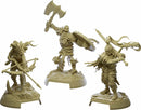 Three detailed miniatures from the Descent Legends of the Dark: The Betrayer's War Expansion. The figures include a fierce warrior wielding a large axe, a skeleton carrying a shield and sword, and an agile archer poised with a bow and arrow, all designed for immersive tabletop gameplay.