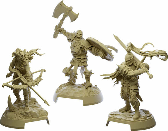 Three detailed miniatures from the Descent Legends of the Dark: The Betrayer's War Expansion. The figures include a fierce warrior wielding a large axe, a skeleton carrying a shield and sword, and an agile archer poised with a bow and arrow, all designed for immersive tabletop gameplay.