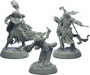 Three detailed miniature figures from the Descent Legends of the Dark: The Betrayer's War Expansion. The figures include a warrior with a staff, a nimble creature poised in action, and an armored hero wielding a sword. The miniatures showcase intricate designs perfect for tabletop gaming enthusiasts and collectors.