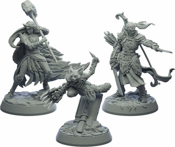 Three detailed miniature figures from the Descent Legends of the Dark: The Betrayer's War Expansion. The figures include a warrior with a staff, a nimble creature poised in action, and an armored hero wielding a sword. The miniatures showcase intricate designs perfect for tabletop gaming enthusiasts and collectors.