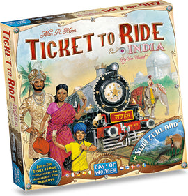 Box cover of the board game 'Ticket to Ride Map Collection: Volume 2 India & Switzerland' by Days of Wonder. The artwork features a vibrant scene with characters in traditional Indian attire and a train in front of iconic landmarks, surrounded by elements representing India and Switzerland.