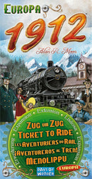 Ticket to Ride: Europa 1912 board game expansion by Days of Wonder. Features vibrant artwork with characters dressed in historical attire, a majestic steam locomotive, and scenic mountain backgrounds. A captivating addition for train lovers and strategy game enthusiasts.