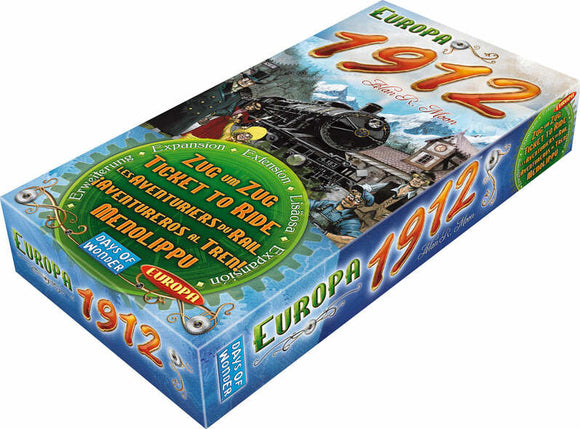 The box for 'Ticket to Ride: Europa 1912,' a board game by Days of Wonder, featuring a colorful design. The box shows a train and various characters set against a European landscape, highlighting the game's focus on railway adventures. The title and expansion details are prominently displayed in vibrant lettering, emphasizing the game's theme of building railway routes across Europe during the year 1912.