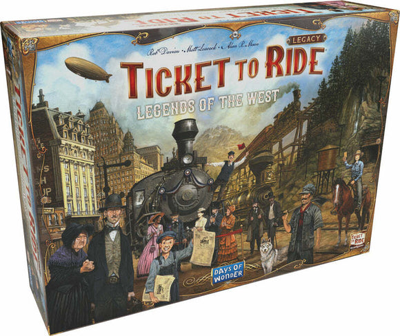 Ticket to Ride Legacy - West game box featuring a vintage illustration of a train, townsfolk, and scenic landscapes, emphasizing adventure and exploration in the Wild West.