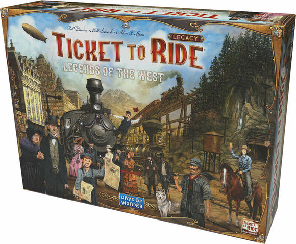 Ticket to Ride Legacy - Legends of the West board game by Days of Wonder. The box features an illustrated scene with a steam locomotive, various characters from the West, and a vibrant background depicting mountains and towns. It's designed for players who enjoy strategy and adventure.