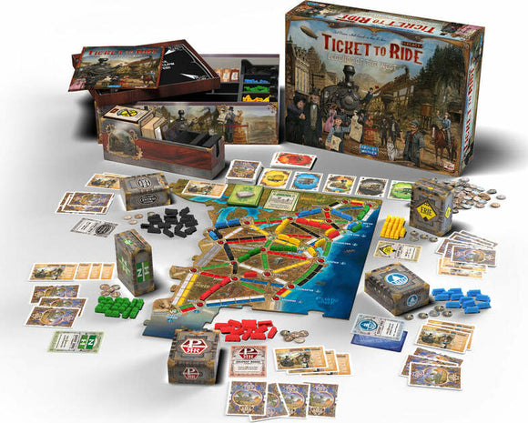 Ticket to Ride Legacy - West board game by Days of Wonder displayed with its components. The image shows the game box, colorful maps, trains in various colors, cards, and tokens arranged on a table, showcasing the vibrant gameplay elements.