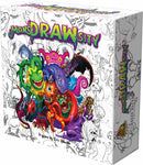 MonsDRAWsity game box featuring a colorful, chaotic illustration of various whimsical monsters in vibrant colors. The background is filled with black and white doodles, adding to the playful theme. Box has the title prominently displayed in bold, bright letters.