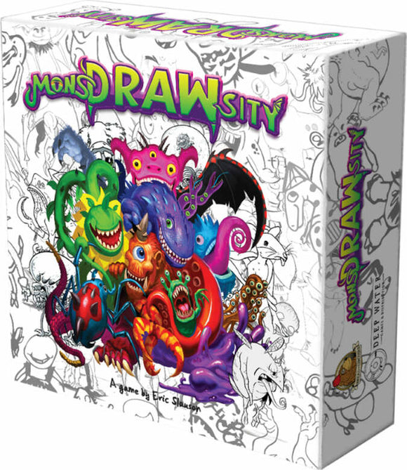 MonsDRAWsity game box featuring a colorful, chaotic illustration of various whimsical monsters in vibrant colors. The background is filled with black and white doodles, adding to the playful theme. Box has the title prominently displayed in bold, bright letters.