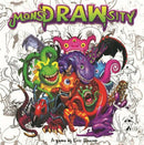 MonsDRAWsity game box featuring colorful, whimsical monster illustrations, showcasing a variety of imaginative characters like smiling creatures, fierce dragons, and playful aliens, designed for creative gameplay. The background features black and white sketches of more monsters, enhancing the playful theme of the game.