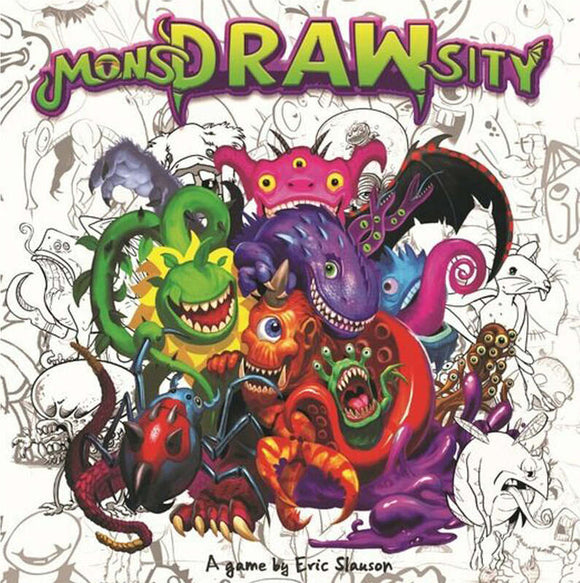 MonsDRAWsity game box featuring colorful, whimsical monster illustrations, showcasing a variety of imaginative characters like smiling creatures, fierce dragons, and playful aliens, designed for creative gameplay. The background features black and white sketches of more monsters, enhancing the playful theme of the game.
