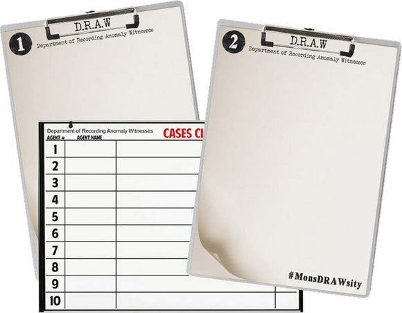 MonsDRAWsity game by Deep Water Games featuring two clipboards labeled D.R.A.W. and a checklist for anomalies and agents. Ideal for engaging gameplay and creativity.