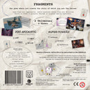 The back cover of the game 'Fragments' by Blackrock Games, featuring thematic elements from two universes: Post-Apocalyptic and Super-Powers. The design includes various images, highlights of gameplay such as cooperative storytelling, character creation, and modular game length. It mentions game components like word cards, character cards, and a campaign notepad, illustrating the game's focus on imagination and adventure.