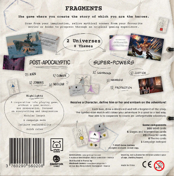 The back cover of the game 'Fragments' by Blackrock Games, featuring thematic elements from two universes: Post-Apocalyptic and Super-Powers. The design includes various images, highlights of gameplay such as cooperative storytelling, character creation, and modular game length. It mentions game components like word cards, character cards, and a campaign notepad, illustrating the game's focus on imagination and adventure.