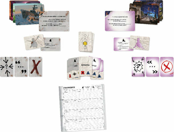 Fragments game by Blackrock Games, featuring various cards laid out in an engaging manner. The game components include illustrated cards and gameplay sheets designed for immersive play. The artwork on the cards depicts rich scenes and instructions, making it visually captivating and intriguing for players looking for a unique gaming experience.