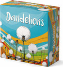 A colorful box of the board game 'Dandelions' by Allplay. The box features whimsical illustrations of dandelion flowers against a vibrant landscape background. The design is inviting and playful, highlighting the themes of nature and fun.