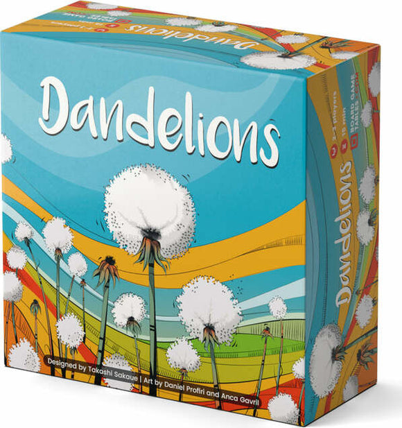 A colorful box of the board game 'Dandelions' by Allplay. The box features whimsical illustrations of dandelion flowers against a vibrant landscape background. The design is inviting and playful, highlighting the themes of nature and fun.