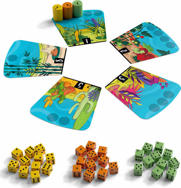 A vibrant board game titled 'Dandilions' by Allplay. The game features colorful cards with numbers from 1 to 8, depicting lush plant life and flowers. Various dice in yellow, orange, and green are neatly arranged around the cards, enhancing the playful and strategic theme of the game.
