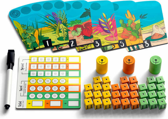 Dandilions game by Allplay features colorful game cards with numbers, a scoring sheet, and various game pieces including vibrant dice and markers designed for interactive play.