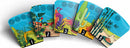 A set of game cards from 'Dandilions' by Allplay. The cards feature vibrant illustrations of various plant life, including flowers, vegetables, and cacti, each numbered from 1 to 8. The colorful designs are set against a bright blue background, showcasing a playful and engaging theme, perfect for family fun.