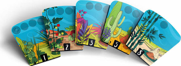 A set of game cards from 'Dandilions' by Allplay. The cards feature vibrant illustrations of various plant life, including flowers, vegetables, and cacti, each numbered from 1 to 8. The colorful designs are set against a bright blue background, showcasing a playful and engaging theme, perfect for family fun.