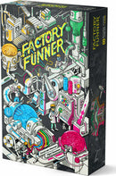 The Factory Funner game by Allplay features a vibrant, cartoon-style illustration of a whimsical factory with colorful machinery, scientists, and playful elements. The packaging showcases intricate designs including tubes filled with liquids, playful characters, and an array of bright colors, inviting players into a fun and imaginative gameplay experience.