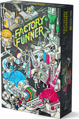 The Factory Funner game by Allplay features a vibrant, cartoon-style illustration of a whimsical factory with colorful machinery, scientists, and playful elements. The packaging showcases intricate designs including tubes filled with liquids, playful characters, and an array of bright colors, inviting players into a fun and imaginative gameplay experience.