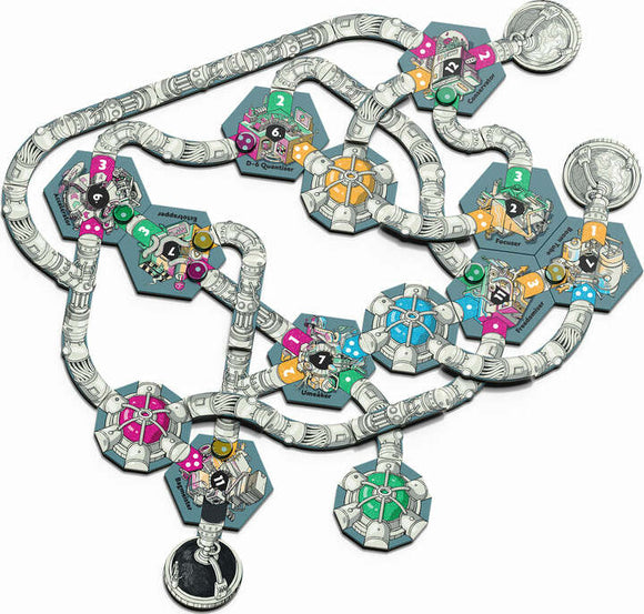 Factory Funner board game from Allplay featuring a complex and colorful pathway with hexagonal tiles highlighting various actions and themes. The game includes intricate illustrations and vibrant colors, designed for engaging gameplay with family and friends.