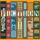 A colorful illustration featuring the title 'FICTION' surrounded by ornate book spines, each decorated with intricate designs, waves, birds, and a woman's face, symbolizing the diverse worlds of fiction literature.