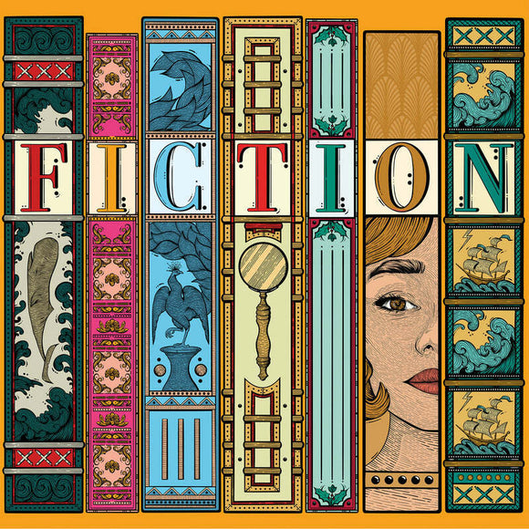 A colorful illustration featuring the title 'FICTION' surrounded by ornate book spines, each decorated with intricate designs, waves, birds, and a woman's face, symbolizing the diverse worlds of fiction literature.