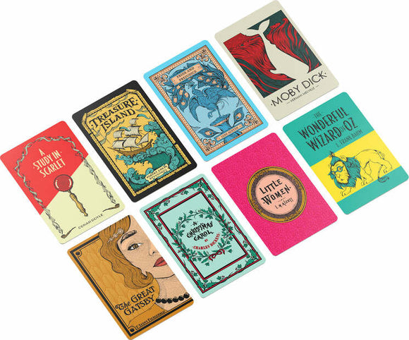 A collection of eight vintage-style book covers depicted on cards, including titles like 'A Study in Scarlet,' 'Treasure Island,' 'Moby Dick,' and 'The Wonderful Wizard of Oz.' Each card features unique artistic designs, evoking a classic literary theme. This product is ideal for book lovers and game enthusiasts alike, providing a creative way to engage with beloved stories.