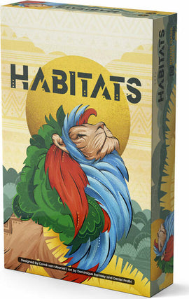 Habitat game box featuring vibrant artwork of a colorful creature resembling a lion with a big mane, surrounded by a stylized landscape and a yellow sun backdrop. The title 'HABITATS' is prominently displayed at the top in bold letters.