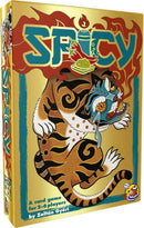 The game 'Spicy' by Czech Games features a vibrant box design with a colorful tiger and playful elements. It is a card game suitable for 2-6 players, encouraging strategic gameplay and fun interactions. The box showcases an eye-catching artwork with flames and icons related to spiciness, appealing to game enthusiasts.