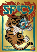 The game 'Spicy' by Czech Games features a vibrant and colorful cover depicting a fierce tiger with a decorative mask. It includes flames and various spicy elements, hinting at an exciting gameplay experience. The cover notes that it is a card game suitable for 2-6 players, designed by Zoltán Győri.