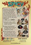 The game 'Spicy' by Czech Games features an illustrated card deck with vibrant colors and playful cat characters. The rules outline a spicy bluffing game played with cards, focusing on challenging numbers and spices. It includes game components and a whimsical description of a spice-eating contest among cats, creating a fun atmosphere for 2-6 players aged 10 and up.