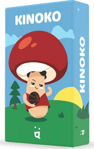 The Kinoko game by Helvetiq features a whimsical mushroom character holding a basketball, set against a vibrant landscape of trees and a sunny sky. The packaging displays the title 'KINOKO' in bold letters, emphasizing its playful design, perfect for family fun and engaging gameplay.